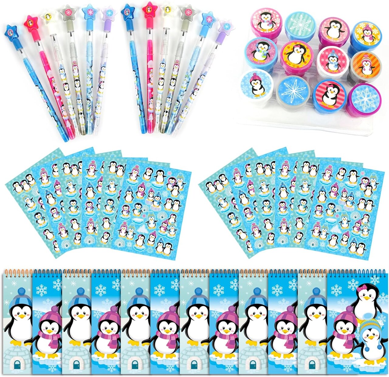 TINYMILLS Penguins Birthday Party Favor Set (12 multi-point pencils, 12 stampers, 12 sticker sheets, 12 small spiral notepads)